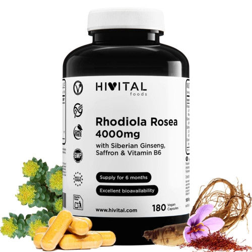 Rožni koren (Rhodiola rosea) 500 mg + sibirski ginseng in žafran HiVital, 180 veganskih kapsul 