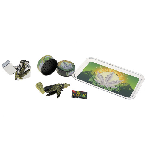 Set ročna pipa Hemp Leaf v etuiju + mlinček, vžigalnik, mrežice in pladenj