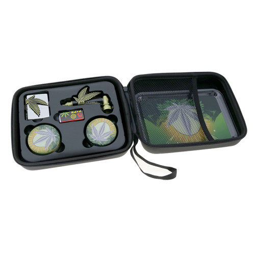 Set ročna pipa Hemp Leaf v etuiju + mlinček, vžigalnik, mrežice in pladenj