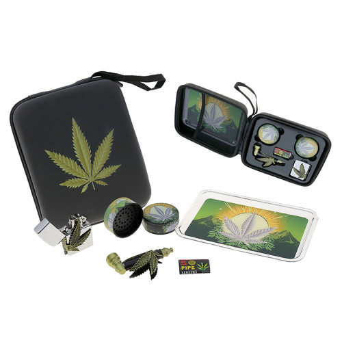 Set ročna pipa Hemp Leaf v etuiju + mlinček, vžigalnik, mrežice in pladenj